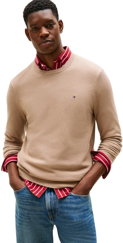 Tommy Hilfiger Men's Essential Structure Crew Neck Mw0Mw36347 Pullover Sweater, Beige (Batique Khaki Heather), XL