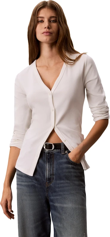 Calvin Klein Women's Ls Woven Label Baby Rib Button F LV047G207G Other Tops, White (Bright White), S