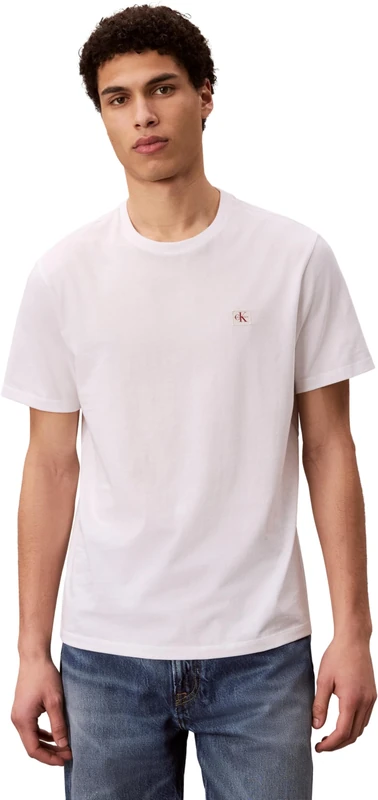 Calvin Klein Men’s T-Shirts Short Sleeve Badge in Cotton, Multicolor (Bright White/Dusty Olive), XS