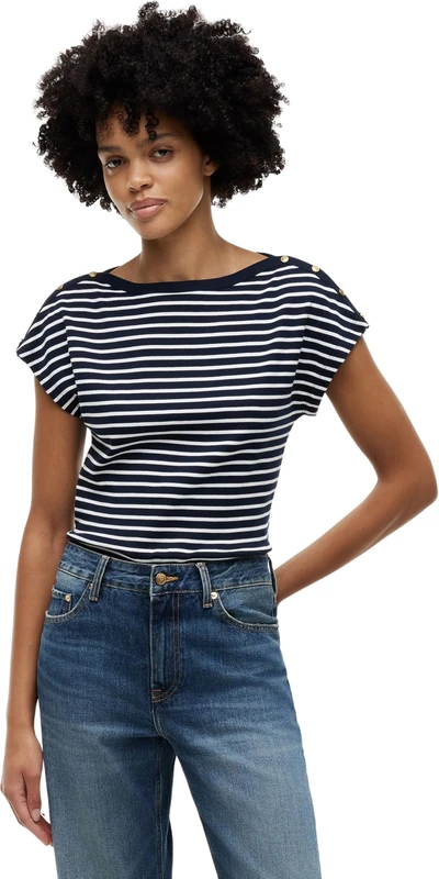 Tommy Hilfiger Women's Gold Btn Cap-SLV Boat-Nk Tee WW0WW50942 S/S T-Shirt, Beige (Breton STP Dark Night Navy/Calico), S