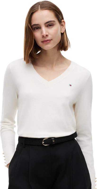 Tommy Hilfiger Women's Co Jersey Stitch V-Nk Sweater Ww0Ww40098 Pullover Sweater, Yellow (Ivory Petal), S