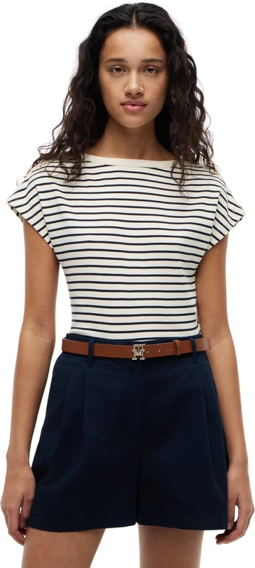 Tommy Hilfiger Women's Gold Btn Cap-SLV Boat-Nk Tee WW0WW50942 S/S T-Shirt, Beige (Breton STP Calico/Dark Night Navy), XL