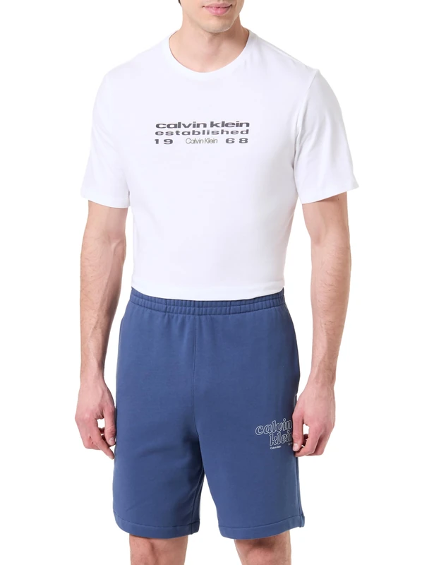 Calvin Klein Men's Lounge Shorts Terry EU Graphic with Side Pockets, Blue (Dark Denim), L