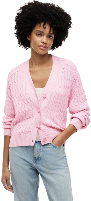 Tommy Hilfiger Women's Mid Gg Cable V-Nk Ls Cardi WW0WW50078 Other Sweaters, Pink (Classic Pink), S