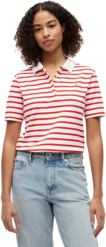 Tommy Hilfiger Women's 1985 Reg Pique Polo Ss Ww0Ww43224 S/S Polo, RED (Wide STRP Fire Red/Ecru), XL - Image 1