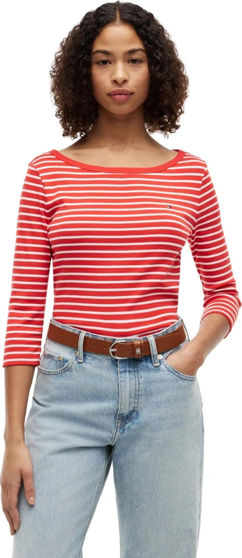 Tommy Hilfiger Women's Cody Boat-Nk 3/4 SLV Tee WW0WW49928 L/S T-Shirt, RED (Breton Fire Red/Ecru STP), S