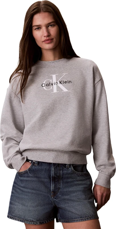 Calvin Klein Women's Ls French Terry Monologo Crew LV047G823G Sweatshirts, GREY (Heroic Grey Heather), S