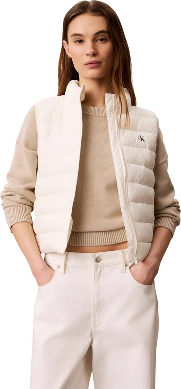 Calvin Klein Women's Quilted Gilet Short Packaway Puffer with Stand Collar, Beige (Tofu), M