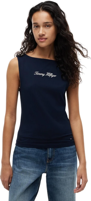 Tommy Hilfiger Women's Classic Script Boat-Nk Top WW0WW50947 S/S T-Shirt, Blue (Dark Night Navy), L