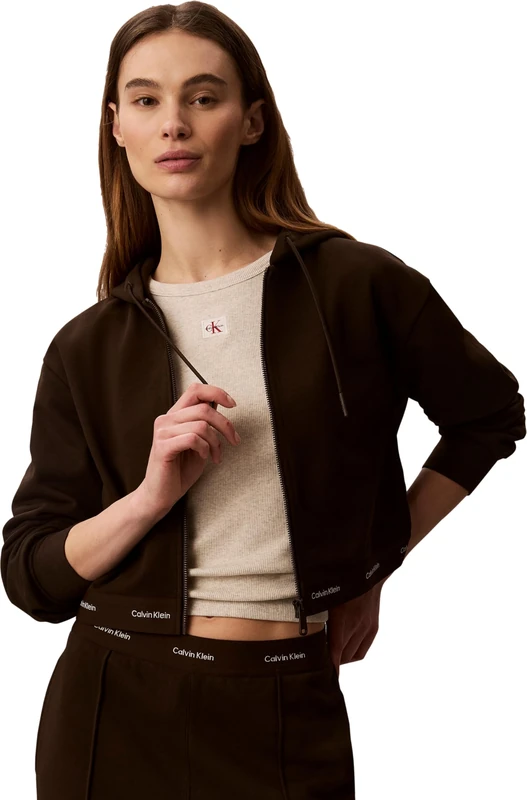 Calvin Klein Women's Hoodie with Zip Terry Logo Waist Cropped, Brown (Dark Coffee), S