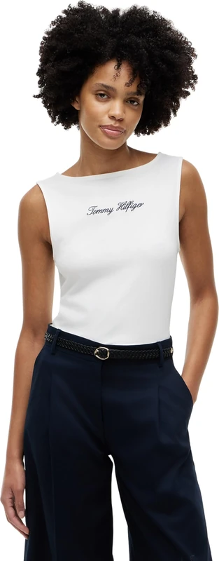 Tommy Hilfiger Women's Classic Script Boat-Nk Top WW0WW50947 S/S T-Shirt, White (Ecru), S