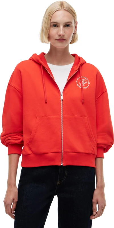 Tommy Hilfiger Women's Th Roundal Zip-Up Hoodie WW0WW50938 Zip Through Hoodie, RED (Fire Red), L