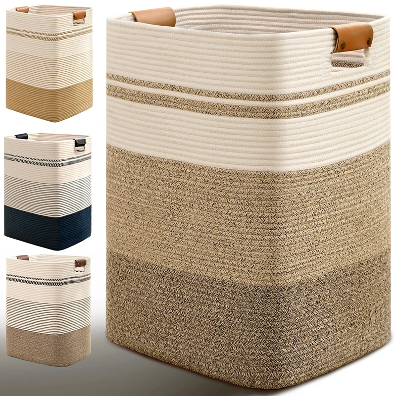 Degeyoyo Laundry Hamper, 85L Tall Laundry Basket with Leather Handles, Rectangle Large Clothes Hamper for Organizing, Cotton Woven Laundry Baskets Storage Hampers for Bedroom, Nursery, Living Room