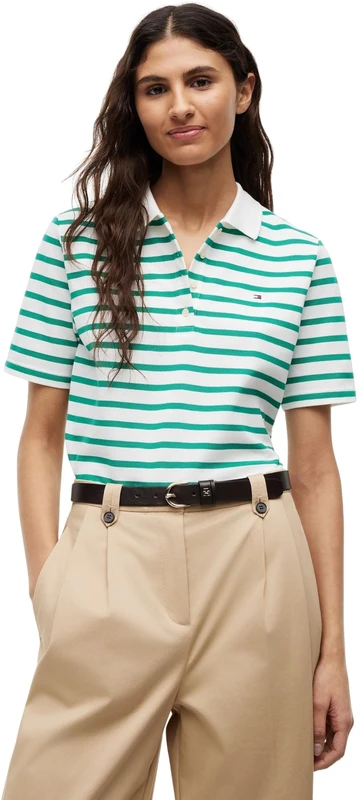 Tommy Hilfiger Women's 1985 Reg Pique Polo Ss Ww0Ww43224 S/S Polo, Green (Breton Ecru/Courtside Green STP), S