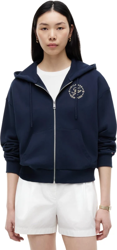 Tommy Hilfiger Women's Th Roundal Zip-Up Hoodie WW0WW50938 Zip Through Hoodie, BLUE (Dark Night Navy), XL