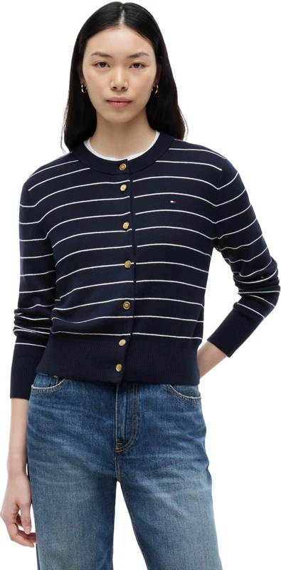 Tommy Hilfiger Women's Jersey Stitch Cardigan WW0WW51115 Cardigan Sweater, Blue (Fine STP Dark Night Navy/Ivory), XS