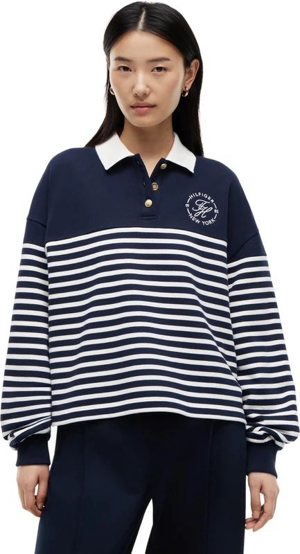 Tommy Hilfiger Women's Th Roundal Collar Swtsht WW0WW50036 Other Sweatshirts, WHITE (Wide Strp Dark Night Navy/Ecru), M