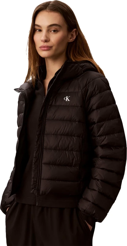 Calvin Klein Women's Quilted Jacket Short CK Packaway Puffer with Hood, Black (Black), S