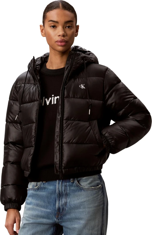 Calvin Klein Women's Puffer Jacket Short Logo with Hood, Black (Black), S