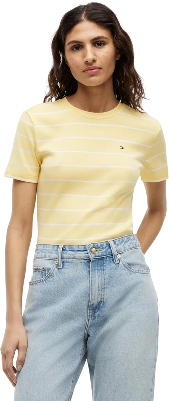 Tommy Hilfiger Women's Slim Cody C-Nk Ss Ww0Ww40587 S/S T-Shirt, Yellow (Fine STP Citronella/Ecru), S