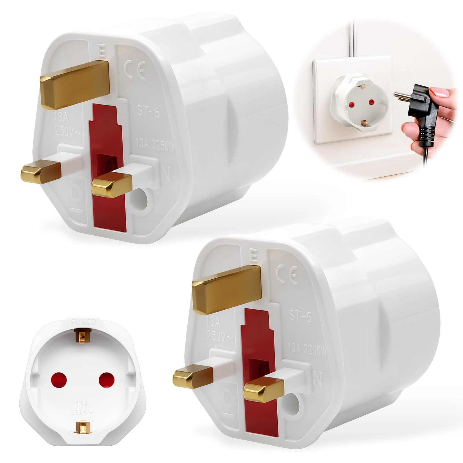 2 Pack Europe to UK Power Connector, Type C/E/F to Type G Converter with 13A Fuse, Universal Travel Power Accessory 3250W for Household & Travel Electronics (Not for Shavers/Toothbrushes)2 Pack Europe