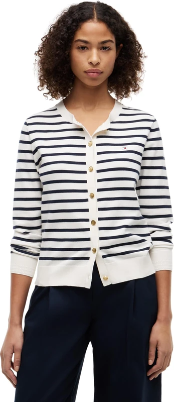 Tommy Hilfiger Women's Co Jersey Stitch Cardigan Ww0Ww42370 Cardigan Sweater, Beige (Ivory Petal/Dark N Navy Breton STP), S