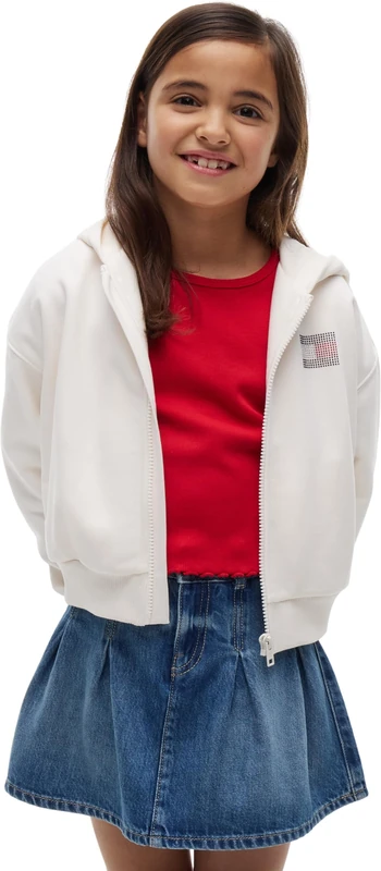 Tommy Hilfiger Girl's Tommy Rhinestone Zip Through KG0KG09443 Other Sweatshirts, WHITE (Ancient White), 5 Years