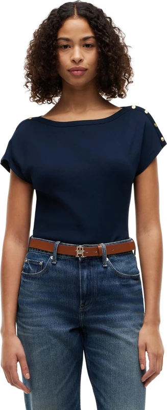 Tommy Hilfiger Women's Gold Btn Cap-SLV Boat-Nk Tee WW0WW50942 S/S T-Shirt, Blue (Dark Night Navy), S