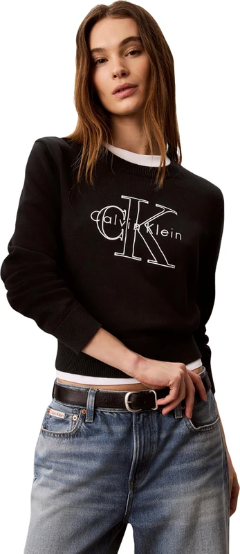 Calvin Klein Women's Jumper Logo Outline in Cotton, Black (Black), L