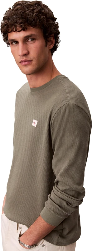 Calvin Klein Men's Long Sleeve Top Waffle Badge Tee with Round Neckline, Green (Dusty Olive), 2XL