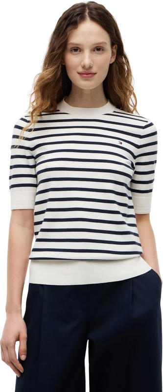 Tommy Hilfiger Women’s Jumper Jersey Short Sleeve, White (Ivory Petal/Dark N Navy Breton STP), XXS