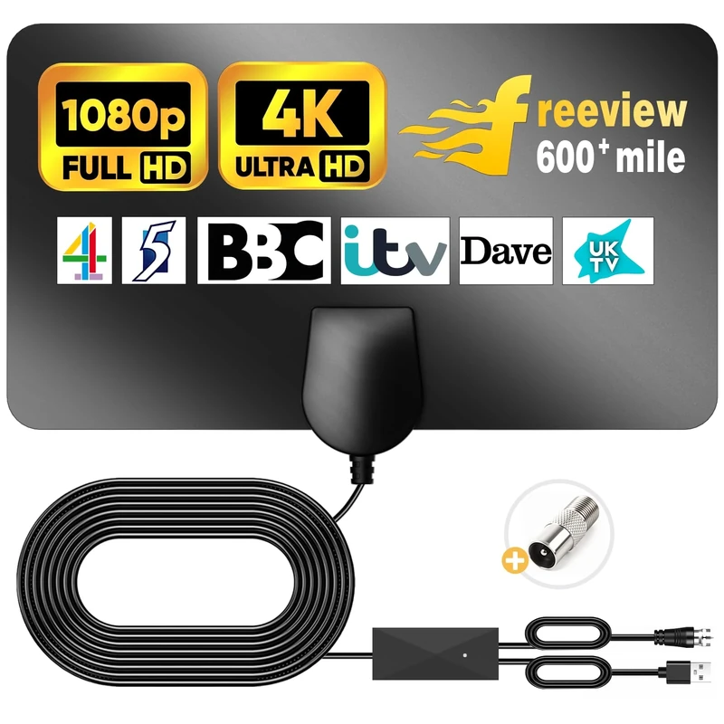 Digital TV Aerial 600+ Miles Long Range - Amplified HD TV Antenna Indoor for Freeview TV Support 4K 1080P (Black)