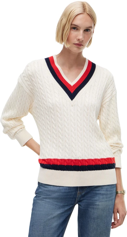 Tommy Hilfiger Women's Varsity Cable RLX Ls V-Nk SWT WW0WW49618 Pullover Sweater, Beige (Calico), XL