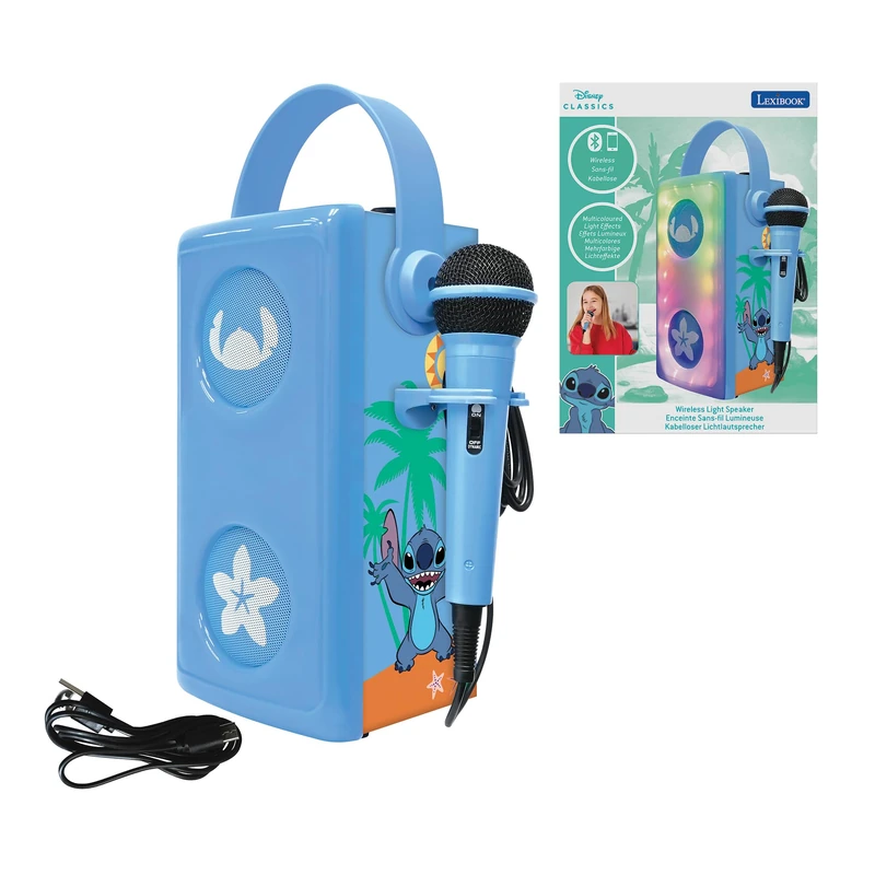 Lexibook, Disney Stitch, Luminous wireless Bluetooth® speaker with microphone, Multi-coloured light effects, SD/TF card slot, Rechargeable battery, Blue, BTP185DZLXB