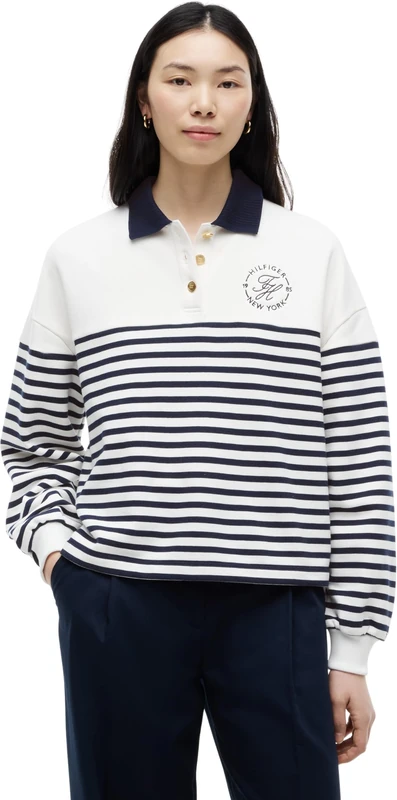 Tommy Hilfiger Women's Th Roundal Collar Swtsht WW0WW50036 Other Sweatshirts, WHITE (Wide Strp Ecru/Dark Night Navy), M