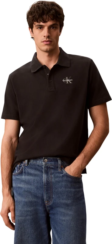 Calvin Klein Men's Polo Shirt Short Sleeve Easy Monologo with Button Placket, Black (Black), 3XL