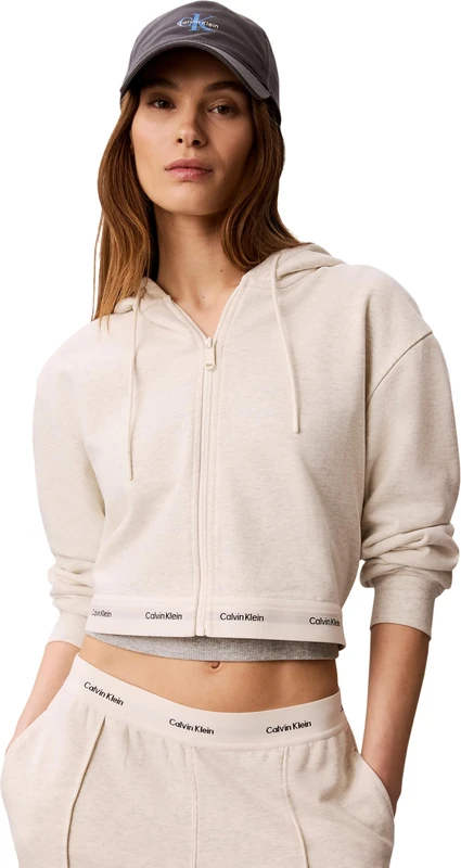 Calvin Klein Women's Hoodie with Zip Terry Logo Waist Cropped, Beige (Vanilla Heather), XL