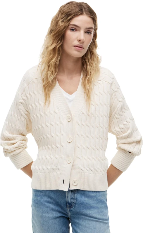Tommy Hilfiger Women's Mid Gg Cable V-Nk Ls Cardi WW0WW50078 Other Sweaters, Yellow (Ivory Petal), S