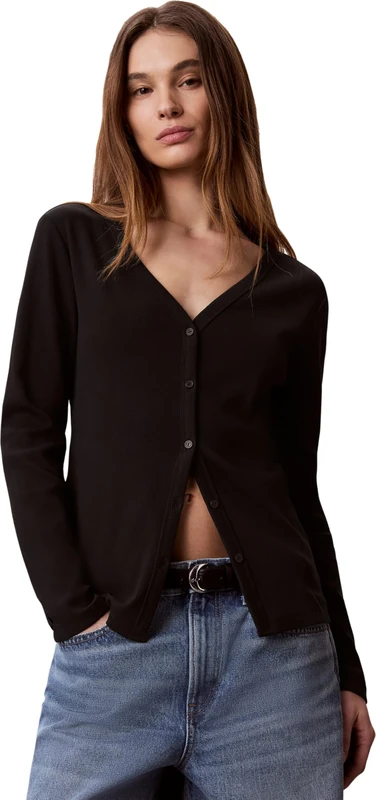 Calvin Klein Women's Ls Woven Label Baby Rib Button F LV047G207G Other Tops, Black (Black), L