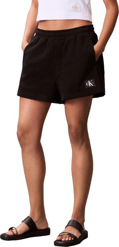 Calvin Klein Women's French Terry Woven Label Short LV047C250G Shorts, Black (Black), L