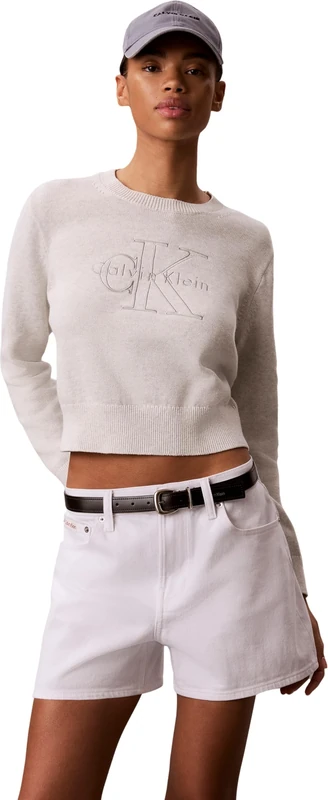 Calvin Klein Women's Jumper Logo Outline in Cotton, Grey (Bc01 Light Grey Heather), S