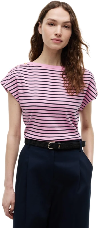 Tommy Hilfiger Women's Gold Btn Cap-SLV Boat-Nk Tee WW0WW50942 S/S T-Shirt, Pink (Breton STP Rose Petal/Dark Night), XL