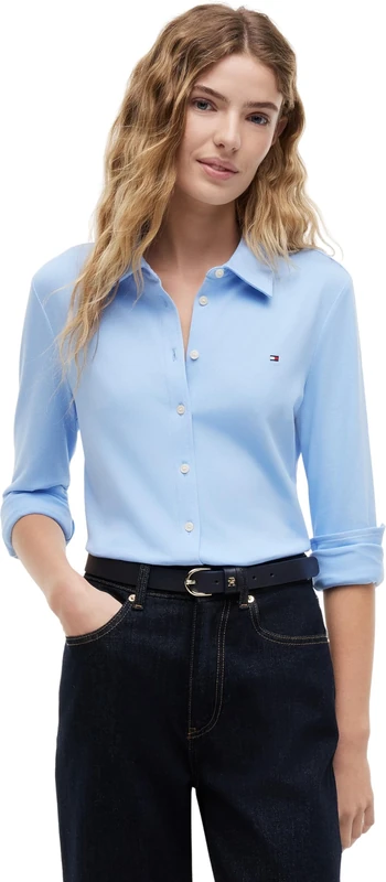 Tommy Hilfiger Women's 1985 Slim Pique Btn Down Ls Ww0Ww43528 L/S Shirt, Blue (Vessel Blue), XL