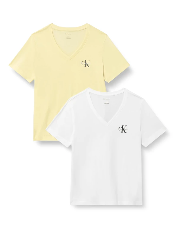Calvin Klein Women's A- Logo Vn 2 Pack Tee Lv047C906G Tees, White (Vanilla Custard W/White), M