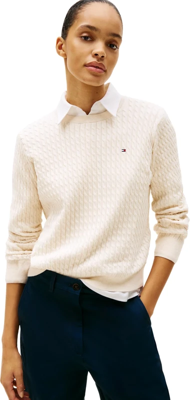 Tommy Hilfiger Women's Co Cable C-Nk Ls Sweater Ww0Ww44993 Pullover Sweater, Blue (Breton STP Dark N Navy/Ivory Petal), XL