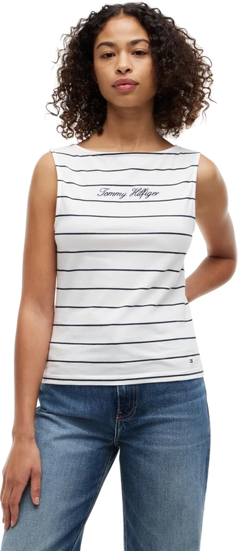 Tommy Hilfiger Women's Classic Script Boat-Nk Top WW0WW50947 S/S T-Shirt, Blue (Fine STP Ecru/Dark Night Navy), S