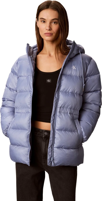 Calvin Klein Women's Quilted Jacket Mid Logo Puffer with Hood, Black (Stonewash), XL