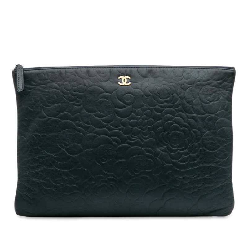 Chanel Pre-Loved Large CC Embossed Lambskin Camellia O Case Clutch Bag