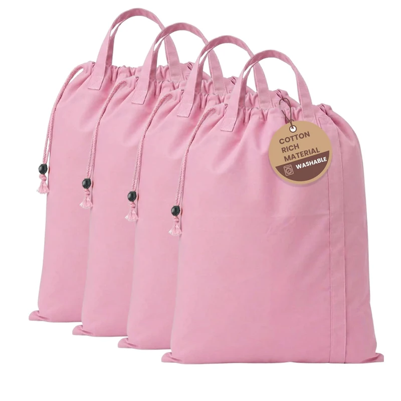 LFH Home Large Premium Cotton Canvas Laundry Bag with Drawstring and Handles Heavy Duty, Multi-Use, Washable for Home, Travel, College or Storage 20x30 (Pack of 4)-Pink