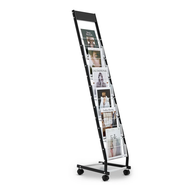 VEVOR Brochure Display Rack, Narrow 6-Tier Magazine Literature Display Stand with Wheels, Metal Floor Standing Magazine Rack, Movable Newspaper Catalog Holders for Shop Exhibitions Office (6 Pockets)